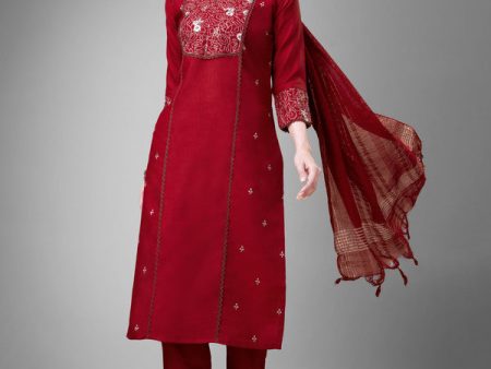 Malishka Women s Embroidered Cotton Blend Kurta Pant Dupatta Set-Maroon on Sale