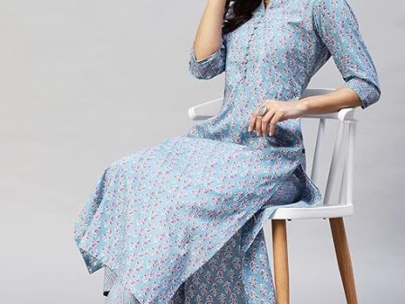 Malishka Pastel Blue Cotton Blend Printed Kurta Pant Set Sale