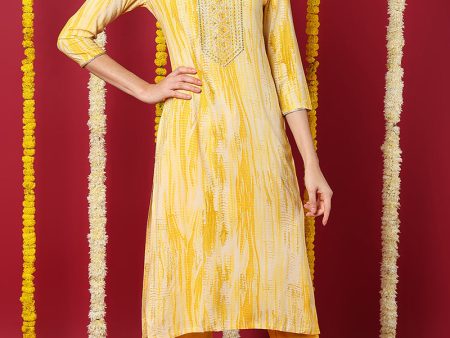 Women s Yellow Viscose Rayon Abstract Printed Straight Kurta - Rasiya Online