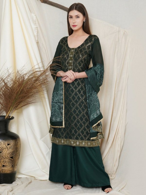 Aastha Fashion Women s Bottle Green Chinon Chiffon Resham Thread with Sequin Designer Straight Suit Set Online now