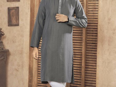 Aastha Fashion Men s Grey Viscose Embroidered Party Wear Kurta with Pajama Supply