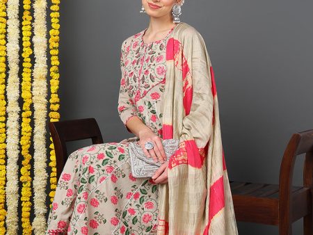 Women s Beige Pure Cotton Floral Yoke Design Flared Suit Set - Rasiya Supply