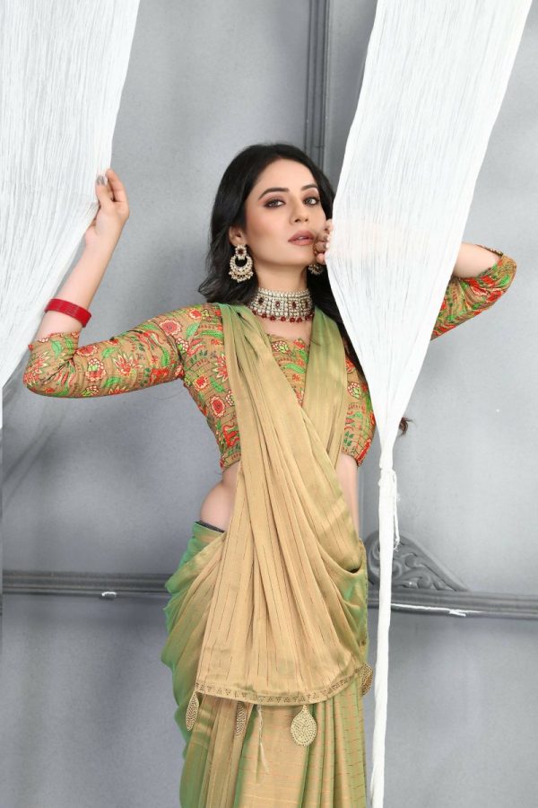 Aastha Fashion Women s Beige Sequence with Digital Printed Silk Moss Designer Saree with Blouse For Sale