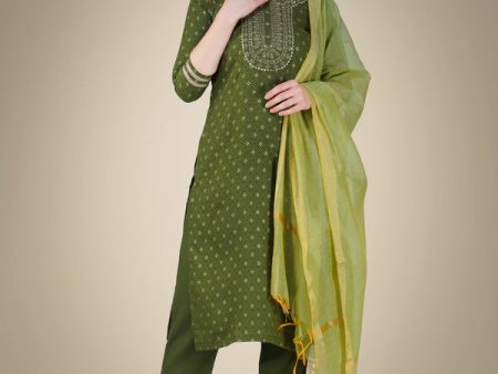 Malishka Women s Embroidered Cotton Blend Kurta Pant Dupatta Set-Green Supply