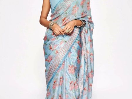 Aastha Fashion Women s Blue Embroidery with Digital Printed Pure Chinon Designer Saree with Blouse Discount