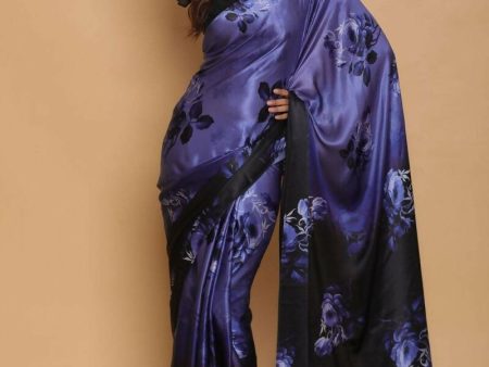 Aastha Fashion Women s Blue Digital Printed Pure Japan Satin Designer Saree with Blouse Discount