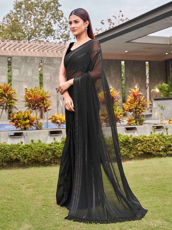 Tikhi Imli Black Striped Sequinned Saree For Discount