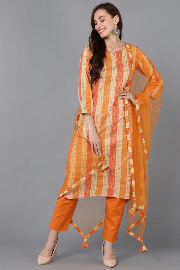 Women s Beige Rayon Blend Checks Straight Kurta Pant With Dupatta - Rasiya Fashion