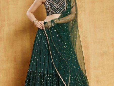 Aastha Fashion Women s Bottle Green Sequence Embroidery Georgette Designer Lehenga Choli with Dupatta Online Sale