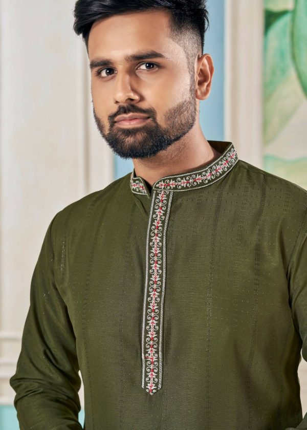 Aastha Fashion Men s Mehendi Viscose Embroidered Party Wear Kurta with Pajama Supply