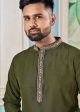 Aastha Fashion Men s Mehendi Viscose Embroidered Party Wear Kurta with Pajama Supply