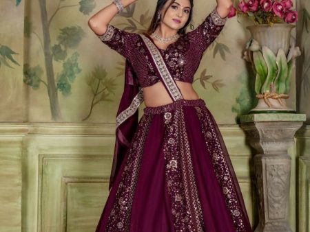 Aastha Fashion Wine Georgette Heavy Embroidery Sequence with Coding Lace work Readymade Lehenga Choli Set Supply