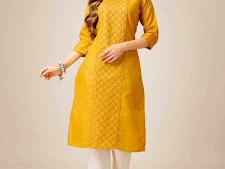 Malishka Women s Embroidered Cotton Blend Kurta Pant Set-Yellow Cheap