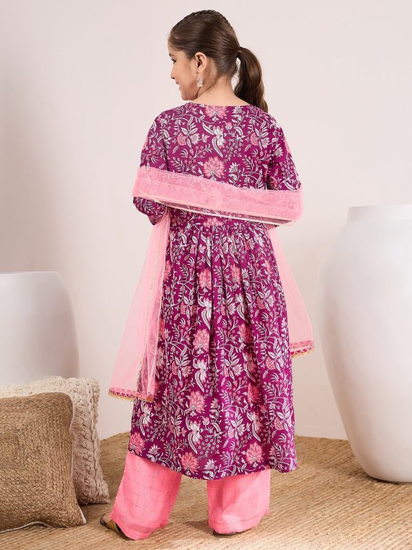 Girls Purple Ethnic Motifs Printed Pleated Pure Cotton Kurta With Trousers & With Dupatta for Kids - Mini Marvels Online