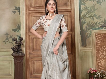 NOZ2TOZ Women s Party Wear Weaving Work Linen Saree with Un Stitched Blouse - Grey Hot on Sale