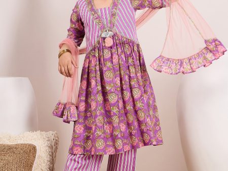 Girls Purple Floral Printed Empire Gotta Patti Pure Cotton Kurta With Palazzos & With Dupatta for Kids - Mini Marvels Online