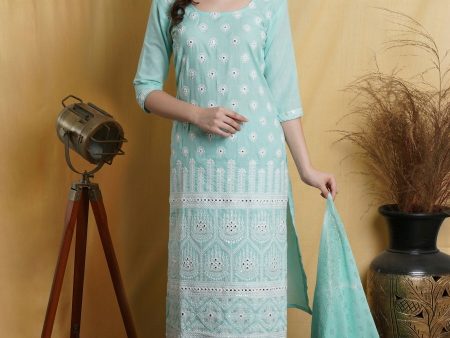 Aastha Fashion Women s Firozi Cotton Lakhnavi Thread with Mirror Work Designer Straight Suit Set Online Hot Sale