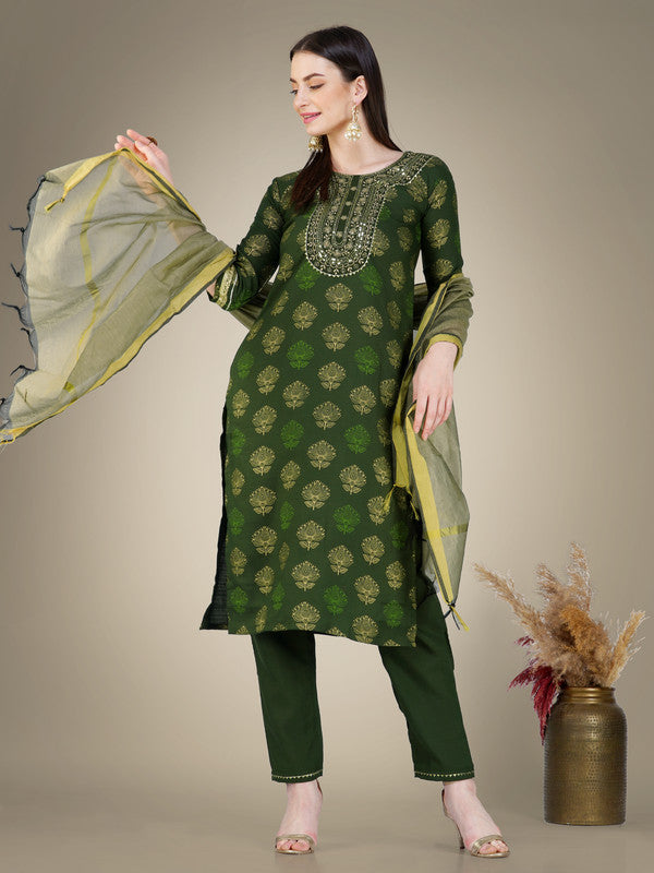 Malishka Women s Embroidered Cotton Blend Kurta Pant Dupatta Set-Dark Green Cheap