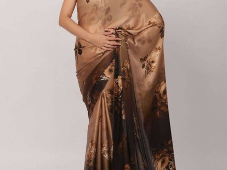 Aastha Fashion Women s Coffee Digital Printed Pure Japan Satin Designer Saree with Blouse Supply