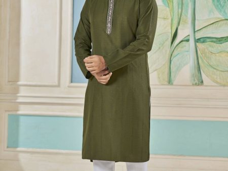 Aastha Fashion Men s Mehendi Viscose Embroidered Party Wear Kurta with Pajama Supply