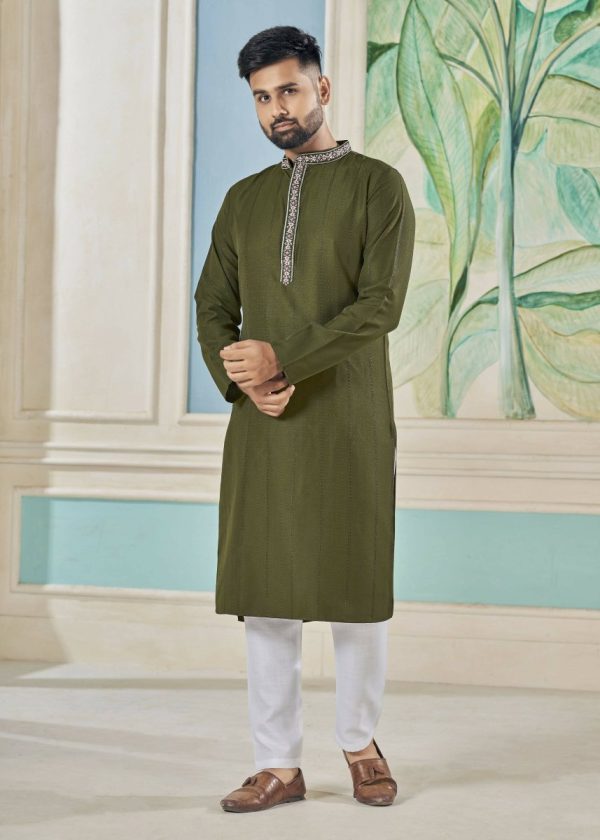 Aastha Fashion Men s Mehendi Viscose Embroidered Party Wear Kurta with Pajama Supply