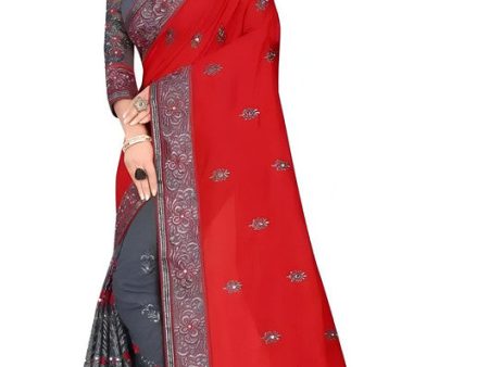 Dishitha Creation Indian Women s Designer Embroidered Art Silk Saree - Red Discount