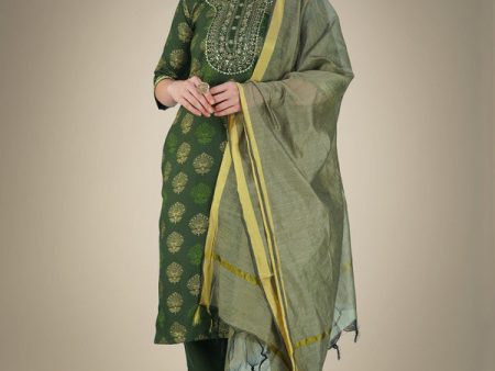 Malishka Women s Embroidered Cotton Blend Kurta Pant Dupatta Set-Dark Green Cheap