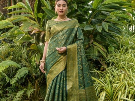 Aastha Fashion Women s Bottle Green Kanchipuram Silk Zari Woven Saree with Blouse For Discount