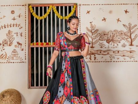 Aastha Fashion Black Cotton Kutchi Mirror Patch with Foil Print Lace work Readymade Lehenga Choli Set Fashion