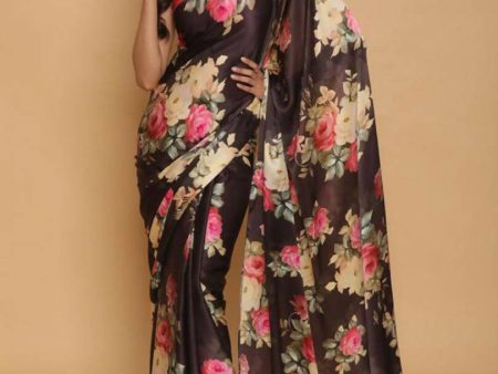 Aastha Fashion Women s Black Digital Printed Pure Japan Satin Designer Saree with Blouse Online