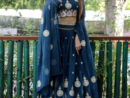 Aastha Fashion Women s Blue Sequence with Thread Zari Embroidery Georgette Lehenga Choli with Dupatta Hot on Sale