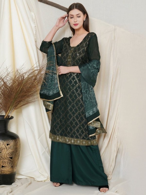 Aastha Fashion Women s Bottle Green Chinon Chiffon Resham Thread with Sequin Designer Straight Suit Set Online now