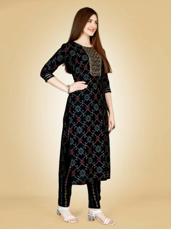 Aastha Fashion Women s Black Viscose Rayon Embroidered Kurta Pant Set For Sale