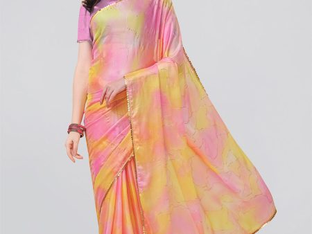 Kalini Yellow & Pink Tie and Dye Sequinned Saree For Discount