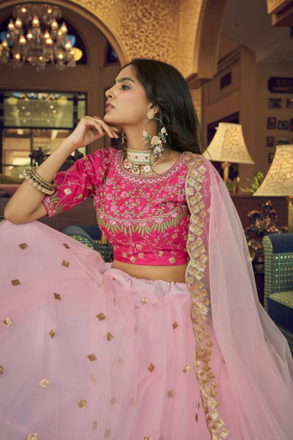 Aastha Fashion Women s Baby Pink Heavy Nylon Net Thread & Sequins Embroidery Wedding Lehenga Choli Online now