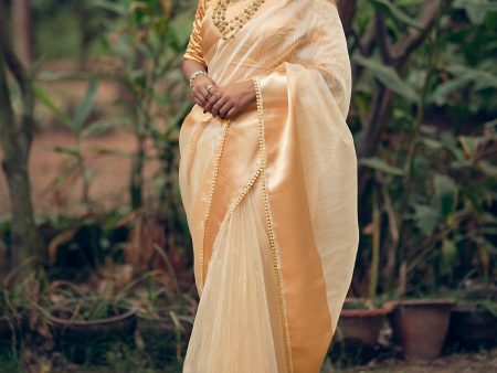 Aastha Fashion Women s Beige Organza Zari Woven Saree with Blouse For Discount