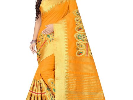 Kalini Yellow & Gold-Toned Woven Design Zari Silk Cotton Bagh Saree Online now