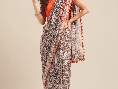 Tikhi Imli Brown & White Poly Georgette Printed Saree Cheap