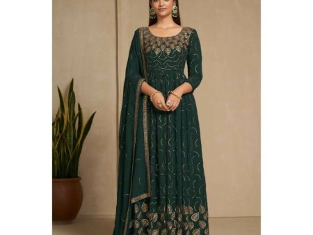 Aastha Fashion Women s Bottle Green Faux Georgette Zari & Sequins Embroidery Gown with Dupatta Online