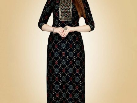 Aastha Fashion Women s Black Viscose Rayon Embroidered Kurta Pant Set For Sale