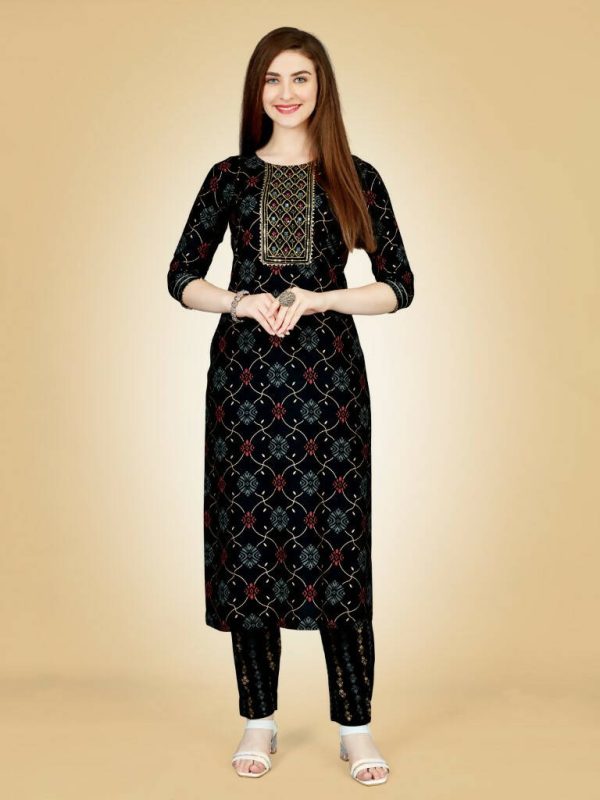 Aastha Fashion Women s Black Viscose Rayon Embroidered Kurta Pant Set For Sale