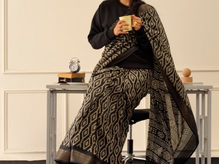 Tikhi Imli Black & Gold Geometric Printed Ready To Wear Saree Fashion