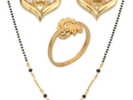 AanyaCentric Gold-plated Jewelry Combo: Elegant Short Mangalsutra, Finger Ring, and American Diamond Earrings Set Cheap