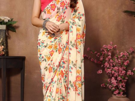 Partywear Designer Cream Georgette Fancy Saree - Satrangi on Sale