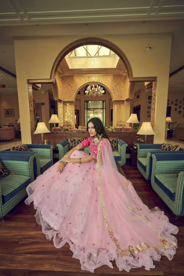 Aastha Fashion Women s Baby Pink Heavy Nylon Net Thread & Sequins Embroidery Wedding Lehenga Choli Online now