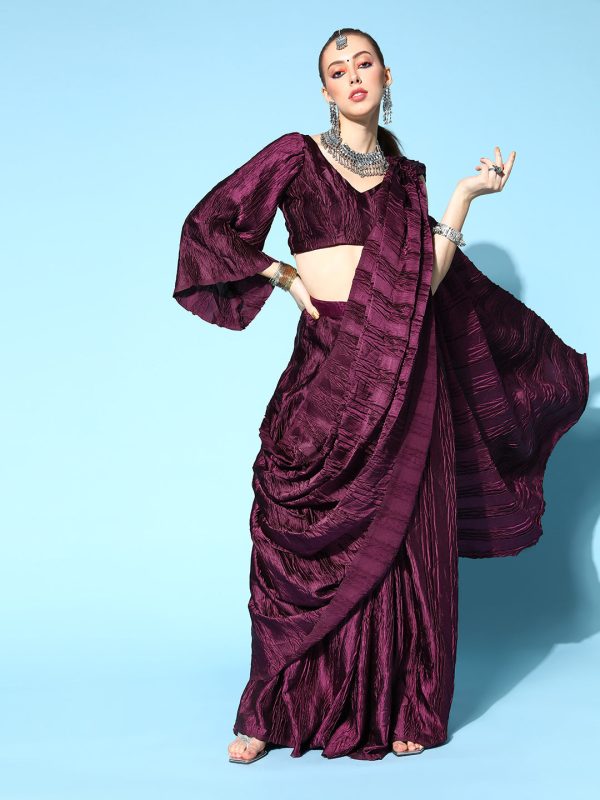 Tikhi Imli Burgundy Accordion Pleated Ready to Wear Saree Online now