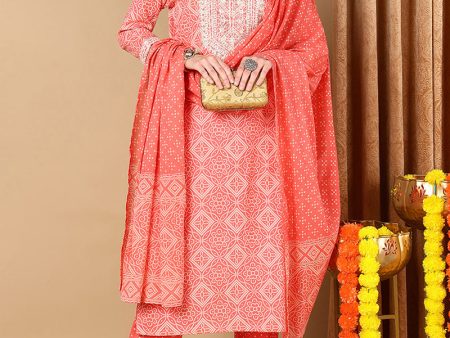 Women s Plus Size Peach Cotton Bandhani Printed Straight Suit Set - Rasiya For Sale